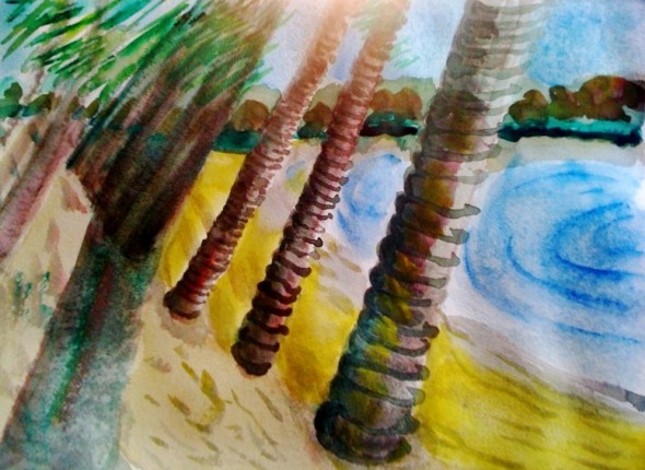 André Clouâtre,Cocotiers, Aquarelle, 28 x 38 cm (11 x 15 po), 2013