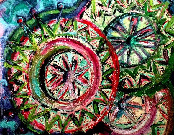 André Clouâtre, Roues mexicianes, Acrylique sur toile, 90 x 90 cm (36'' x 36 ''), 2013