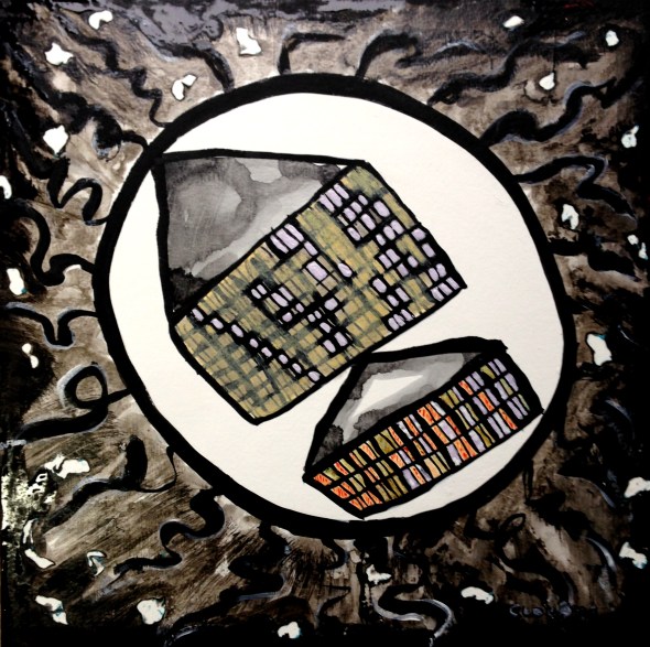 André Clouâtre, Tentative de me relier, Encre, acylique et vernis sur papier, 14'' x 14'', 2014